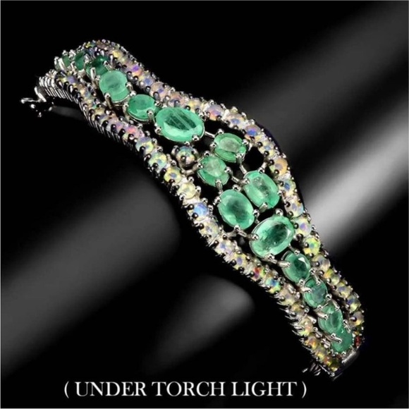 New Natural Green Emeralds fire opal cuff bracelet 14K gold on sterling silver - Picture 2 of 5